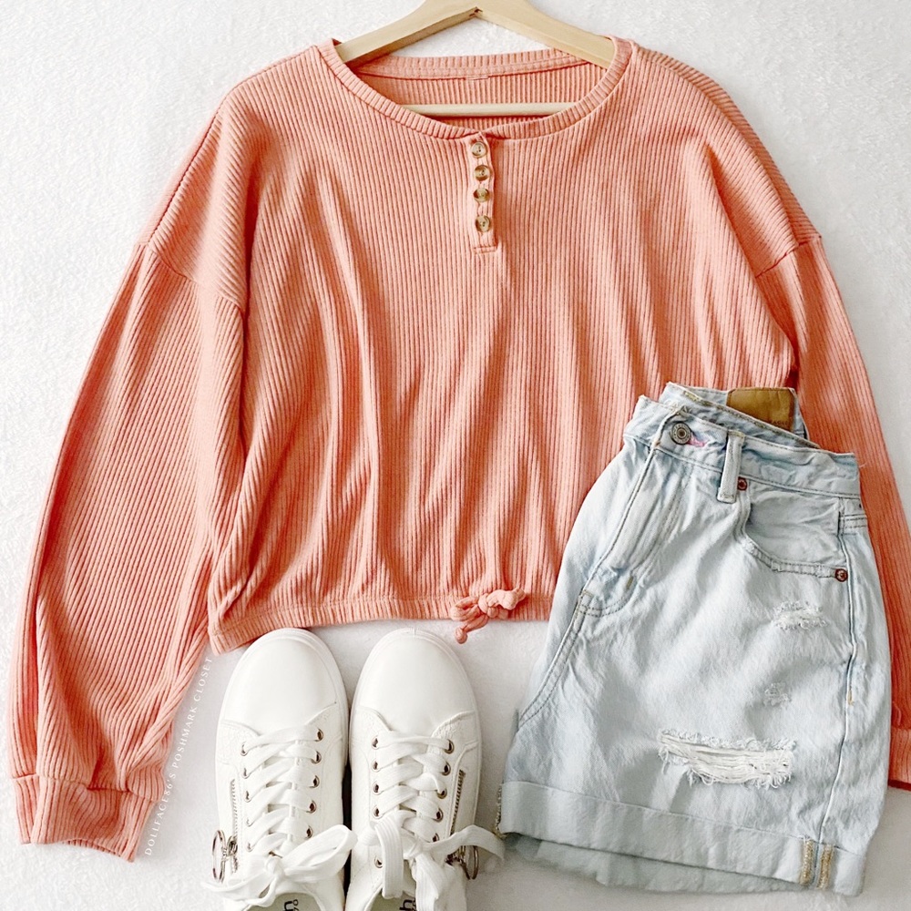 Pink Ribbed Cropped Waist Henley Top